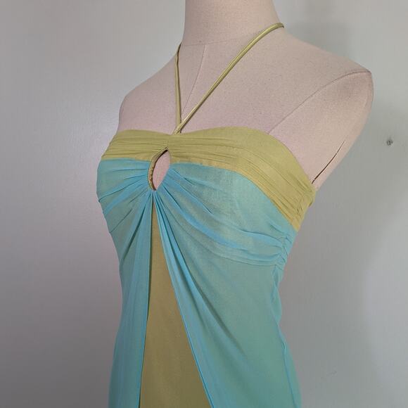 Vintage Prom Dress Maxi Gown 2P Blue Yellow Y2K Silk Fairy Babydoll Empire Split - Picture 3 of 12